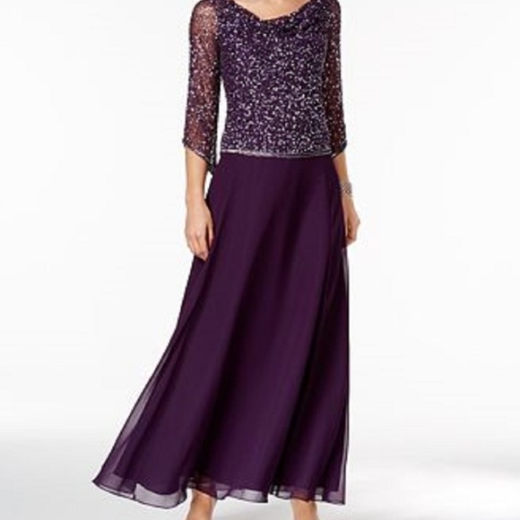 J Kara Beaded Popover Cowl Neck Gown Plum Size 10